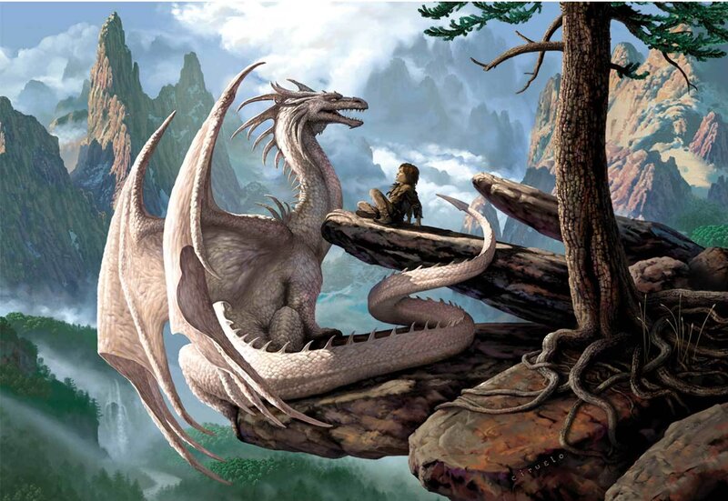 child and dragon on a cliff