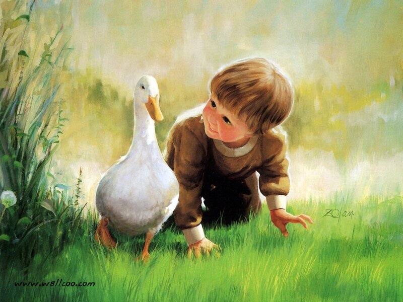 child and duck in a field