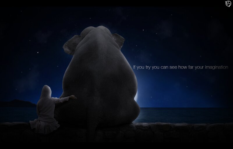 Child and Elephant — Blue, Serene, Night