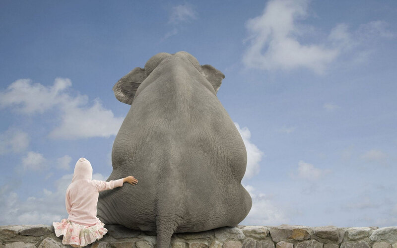 Child and Elephant — Blue, Serene