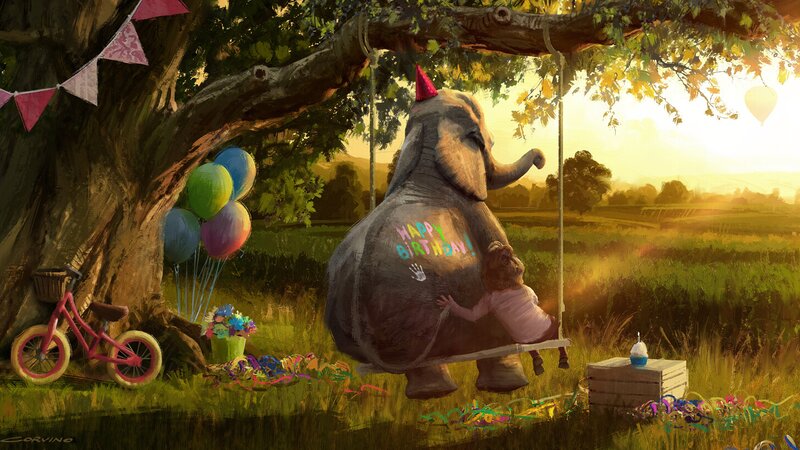Child and Elephant on Swing