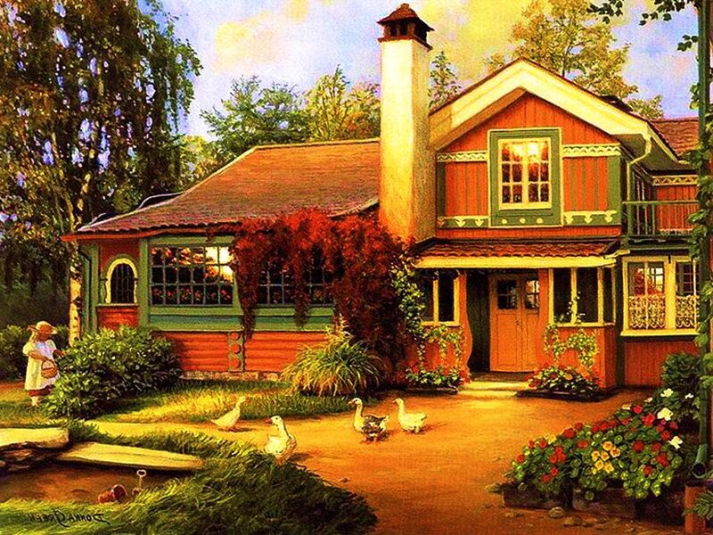 Child and Geese in Garden