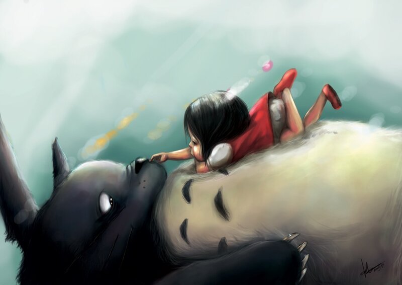 child and giant cat on a hill