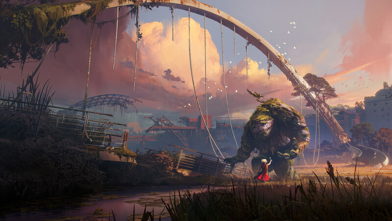 Child and Giant Creature — Green, Dramatic