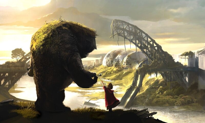 child and giant in ruined world