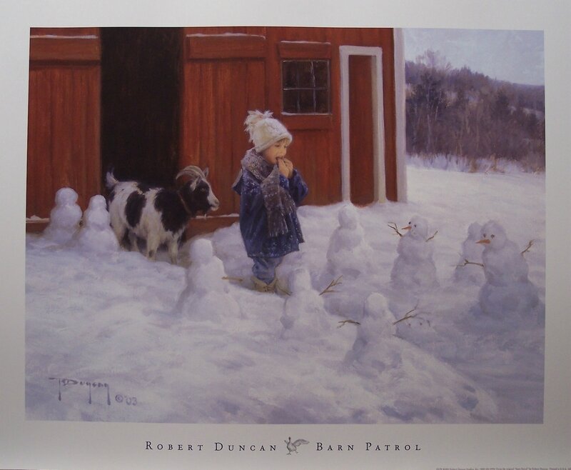 Child and goat in snow