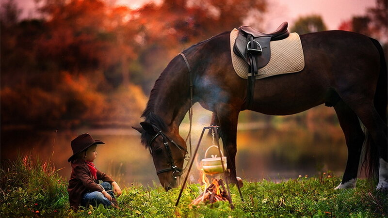 Child and Horse by Fire