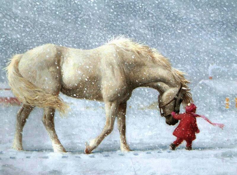 Child and Horse in Snow — White, Calm