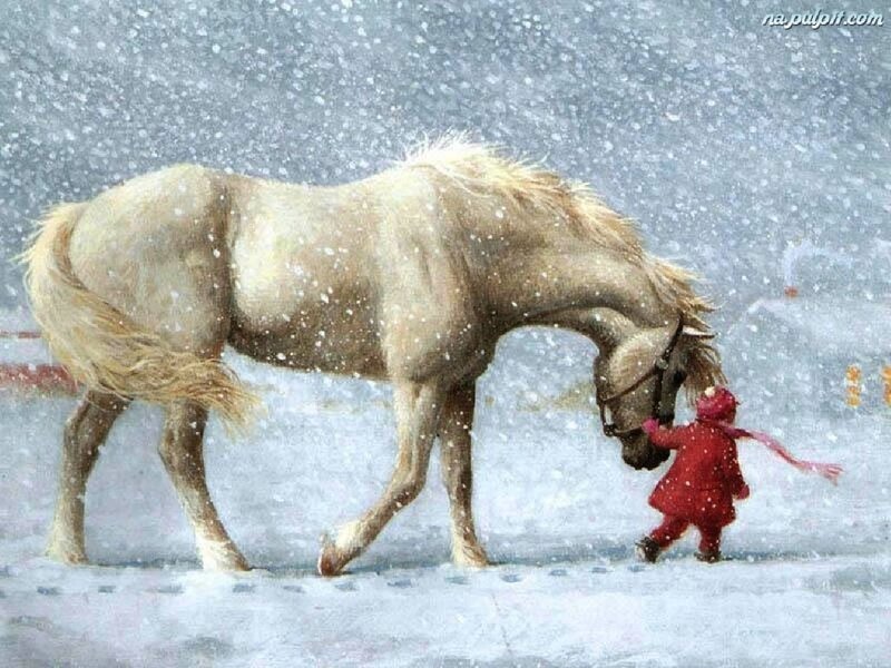Child and Horse in Snow — White, Serene