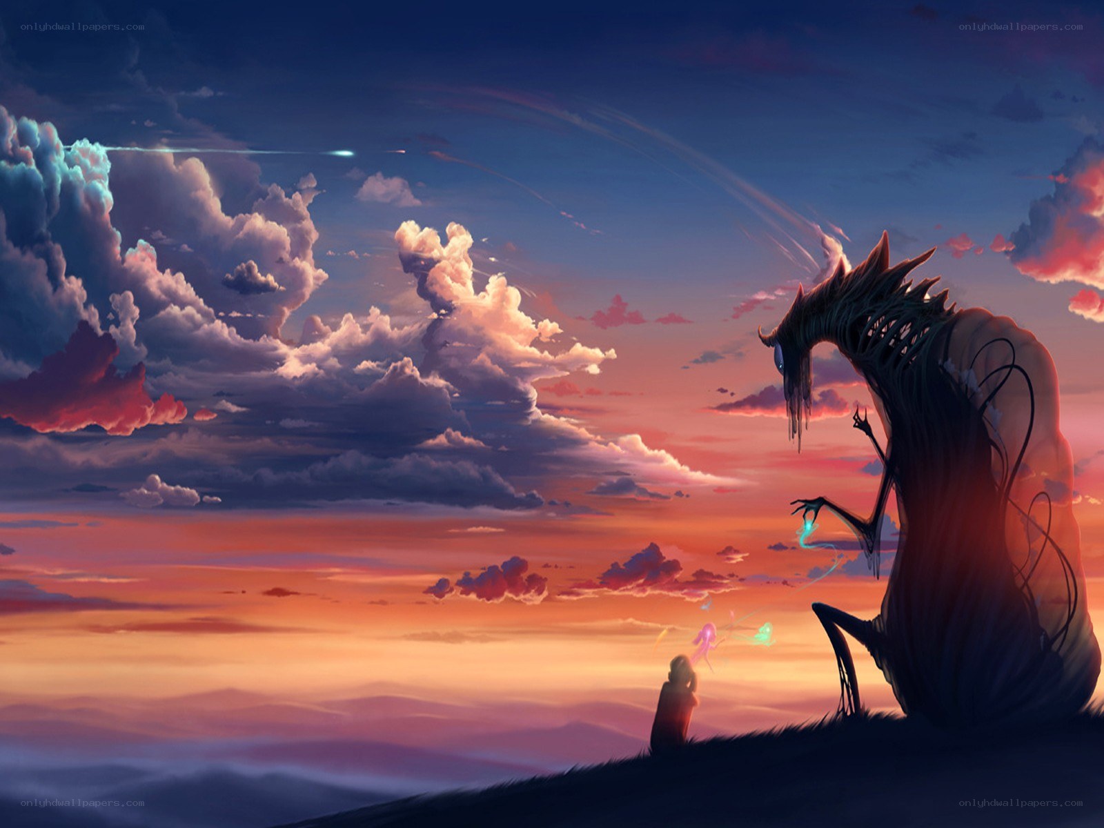 Child and monster at sunset