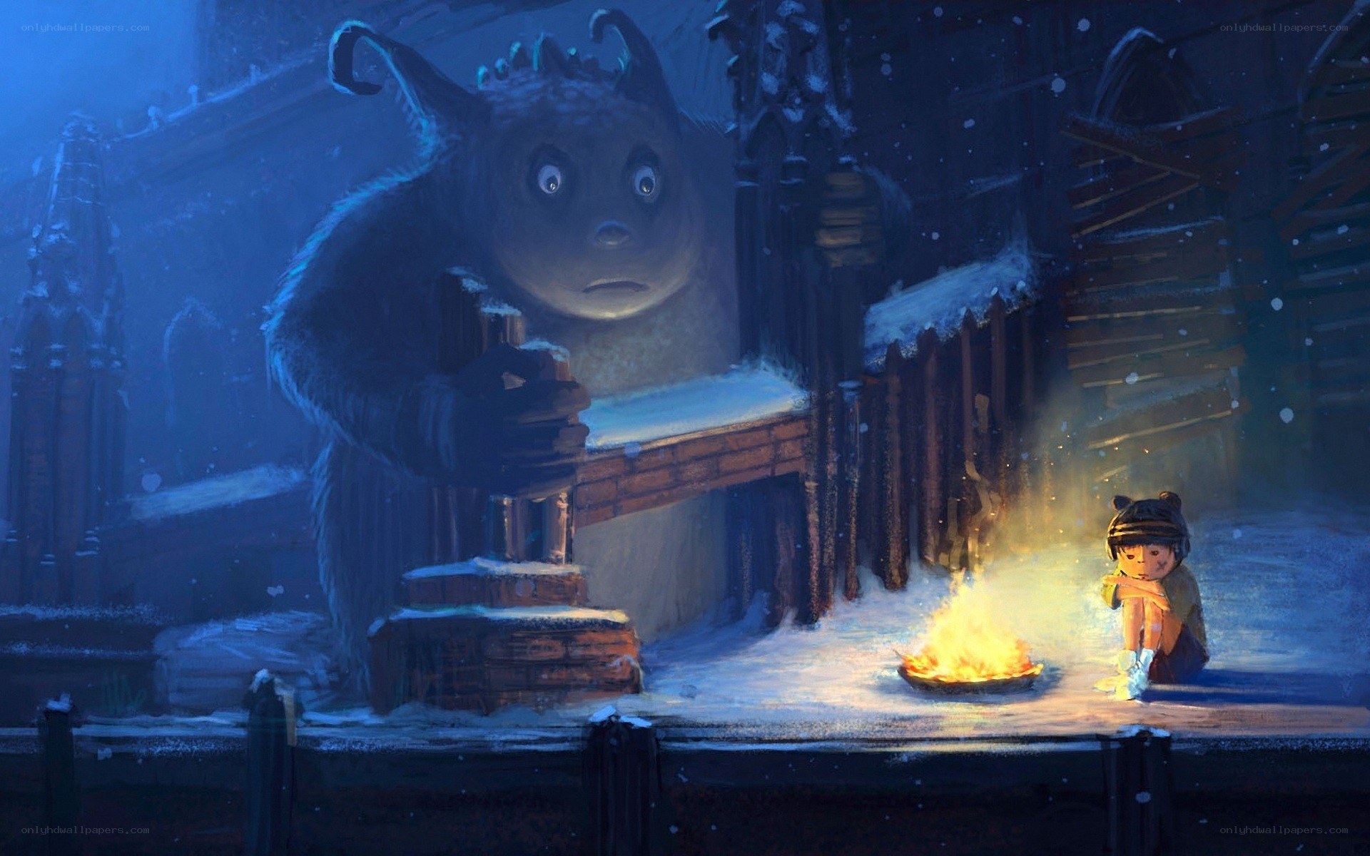 child and monster by fire