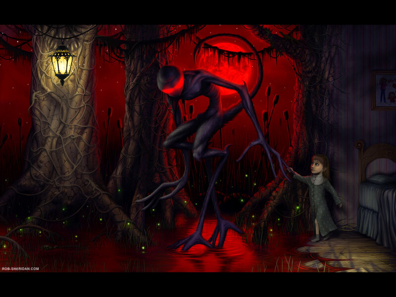 Child and monster in red swamp