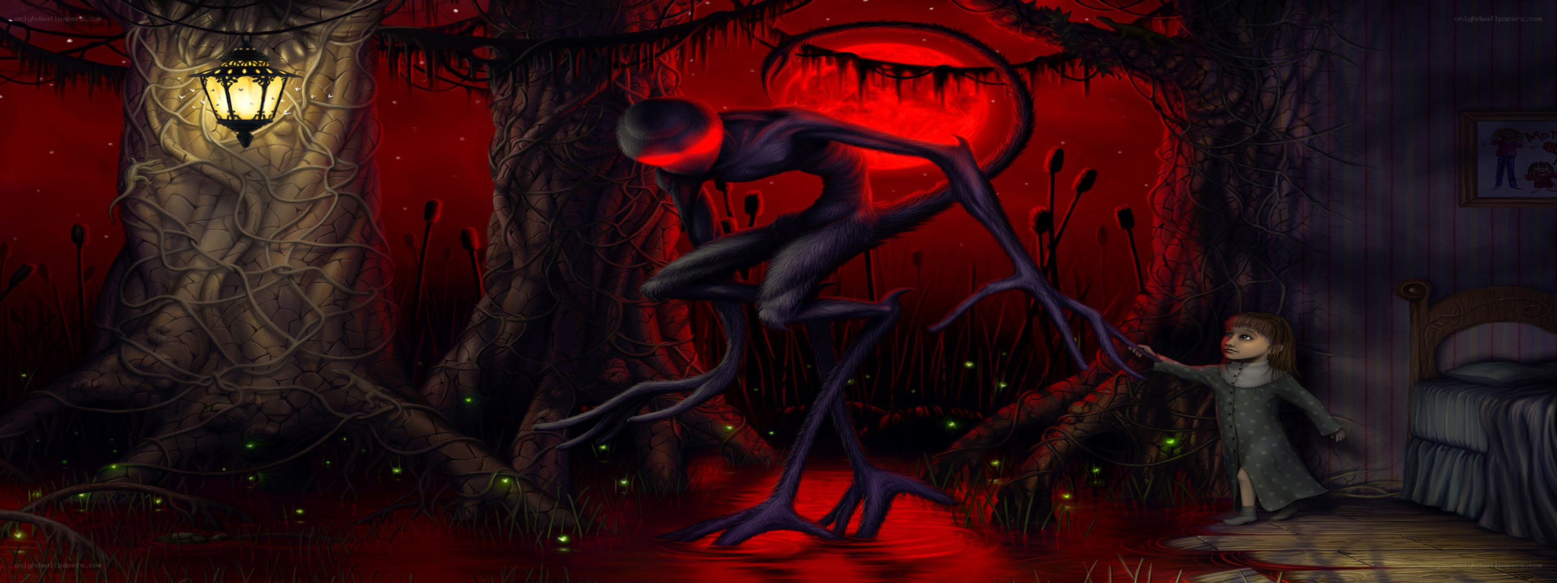 child and monster in red swamp