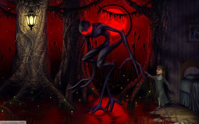 child and monster in red swamp