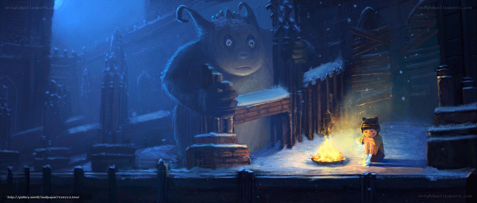 child and monster in snow