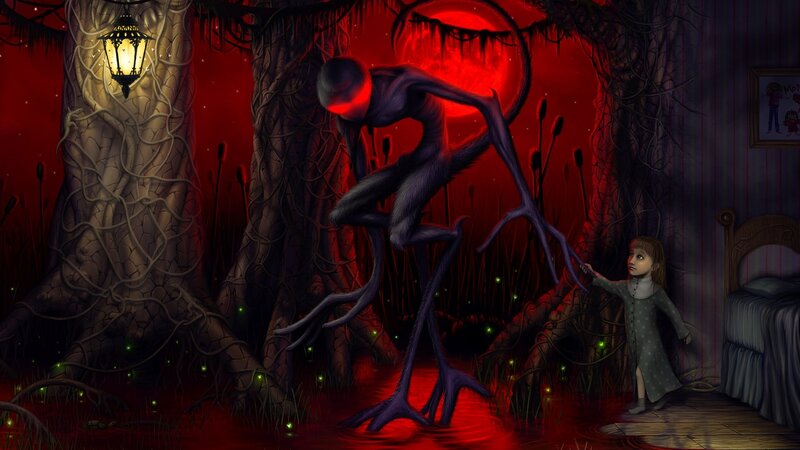 Child and monster in swamp