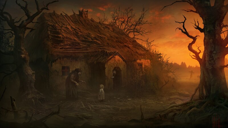Child and Monsters Outside Hut