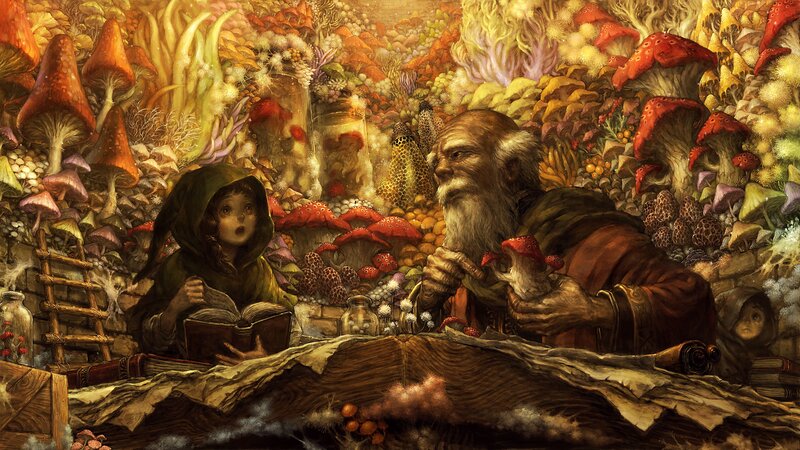 Child and Old Man in Mushroom Cave