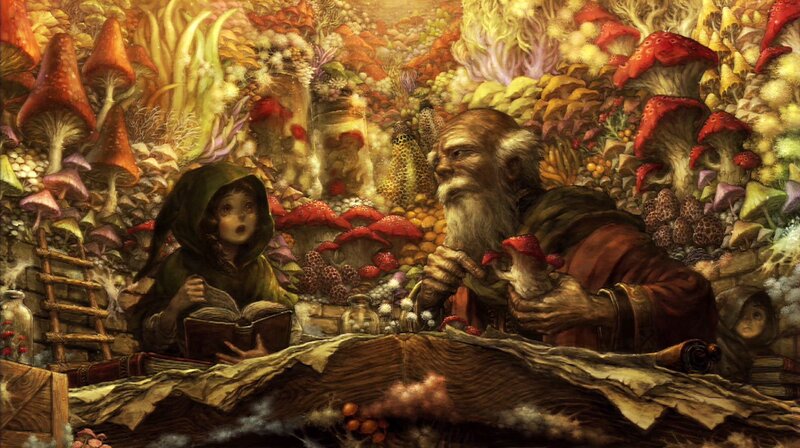 child and old man in mushroom forest