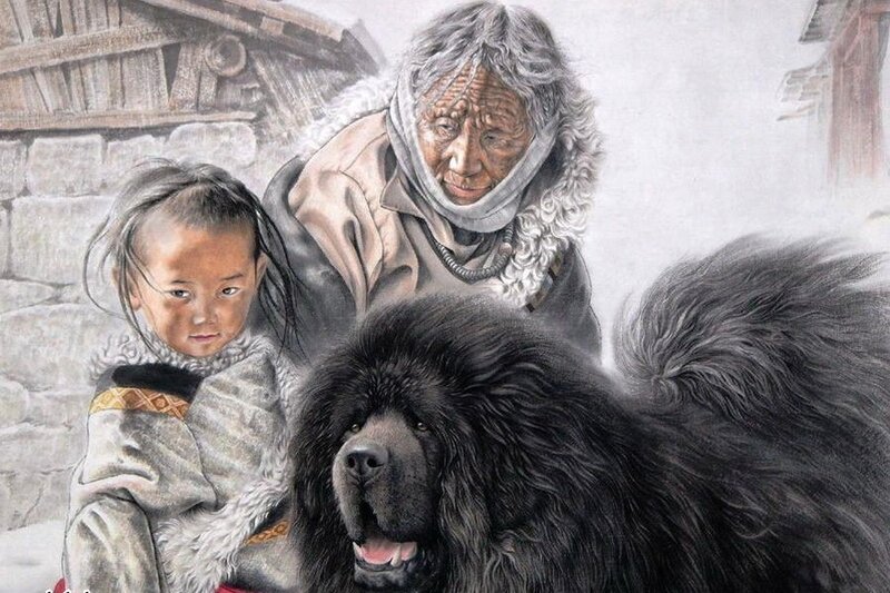 Child and Old Woman with Dog