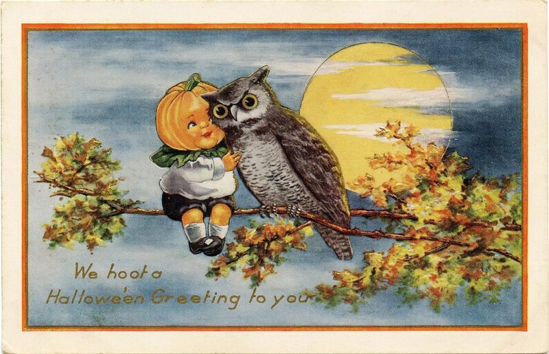 Child and Owl on Branch — Blue