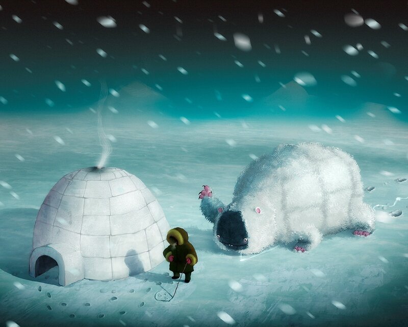 child and polar bear in snow