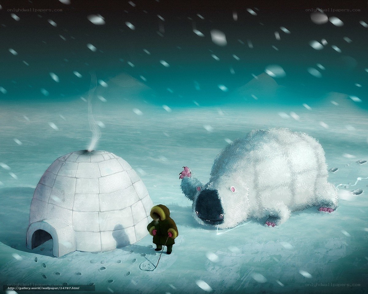 child and polar bear in snow