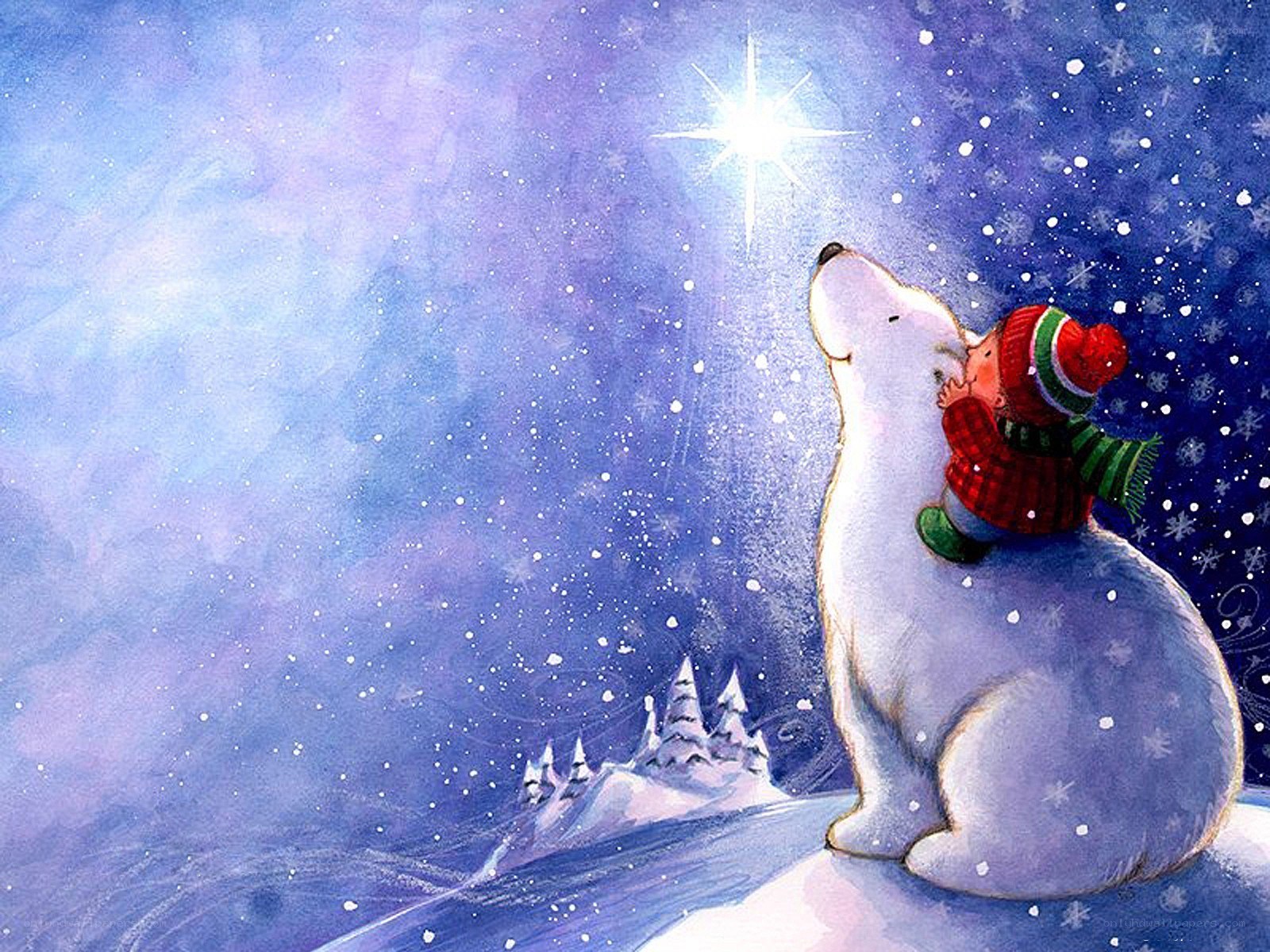 child and polar bear under star
