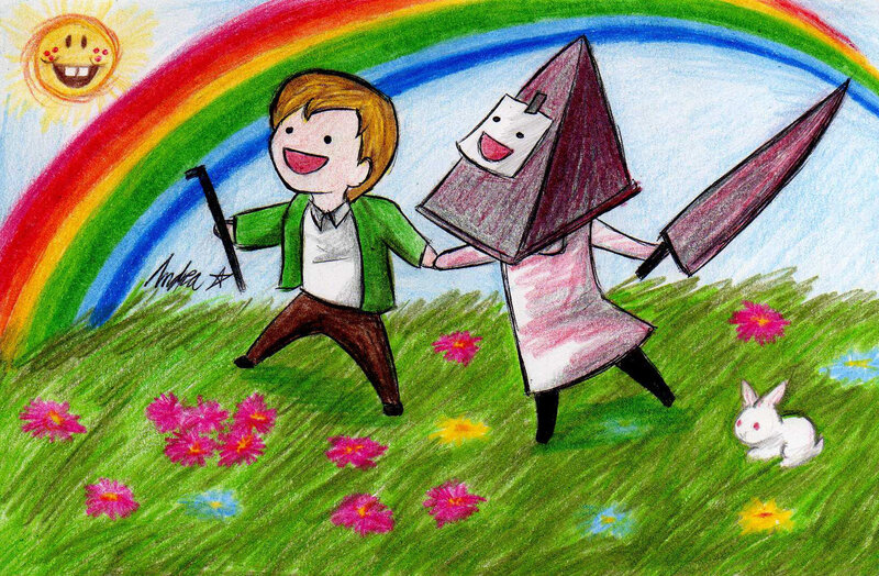 Child and Pyramid Head in a field