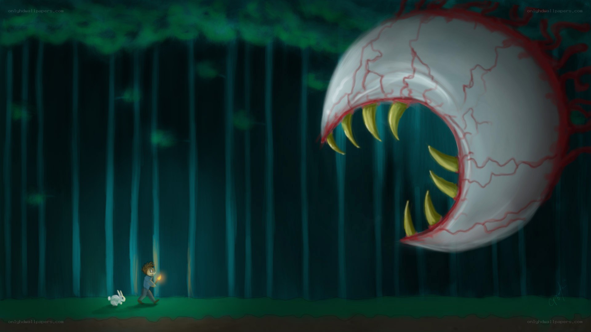child and rabbit in dark forest