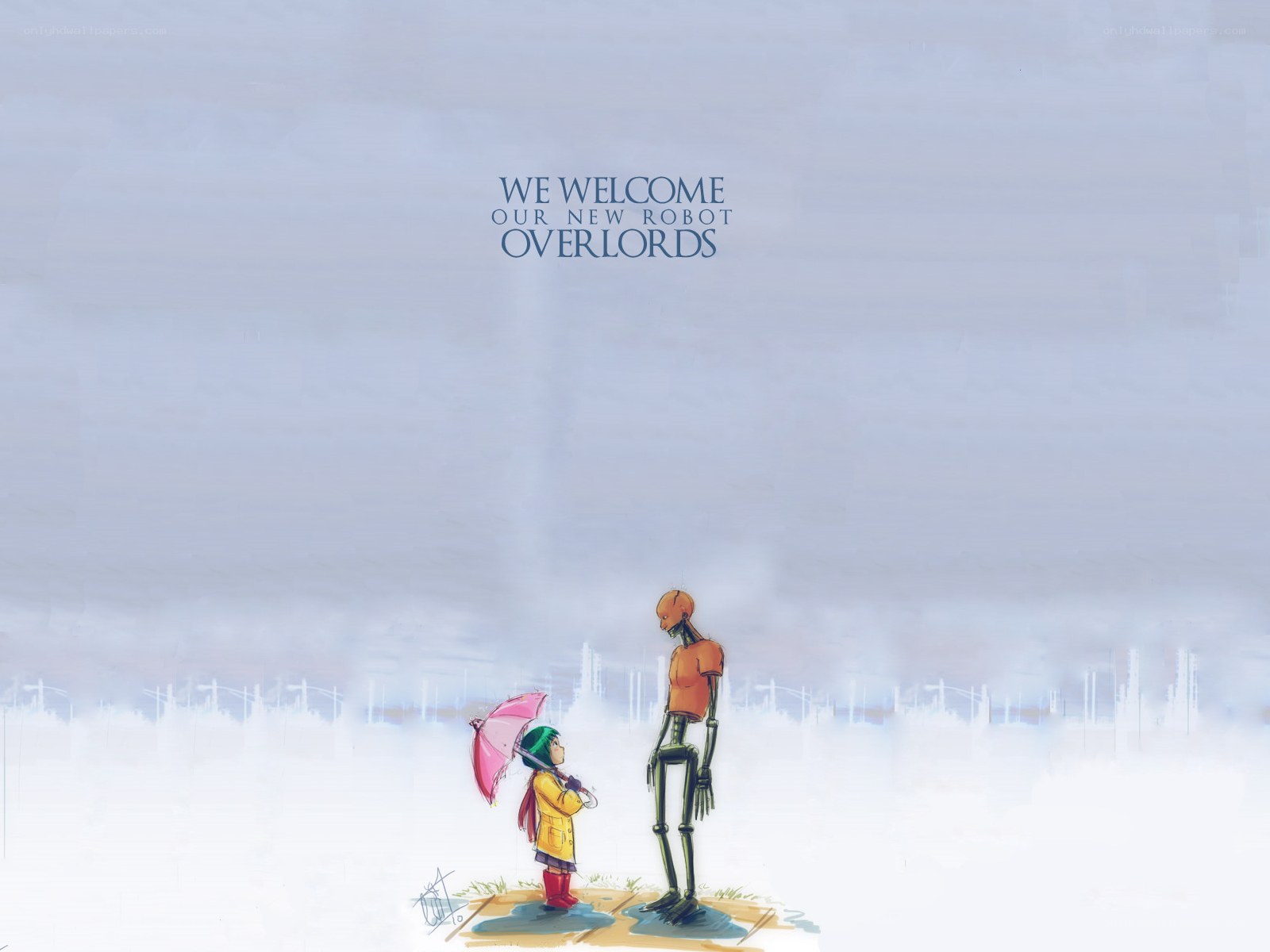 child and robot in rain
