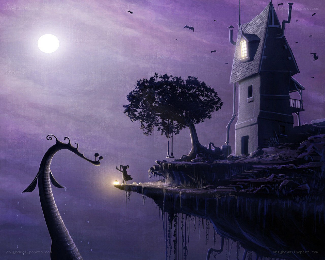 child and sea monster under moonlight