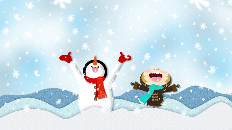 Child and Snowman in Snow — White