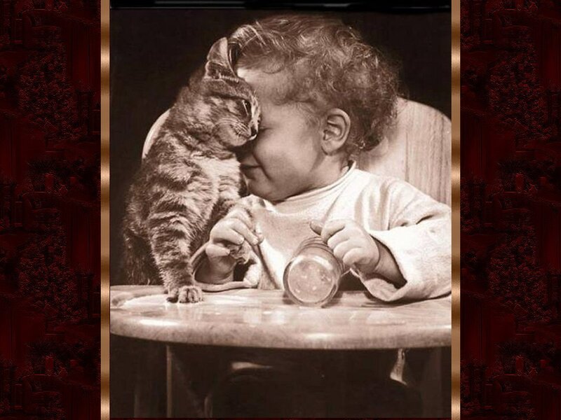 Child and Tabby Cat — Sepia
