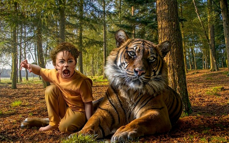 Child and Tiger in Forest — Brown, Dramatic