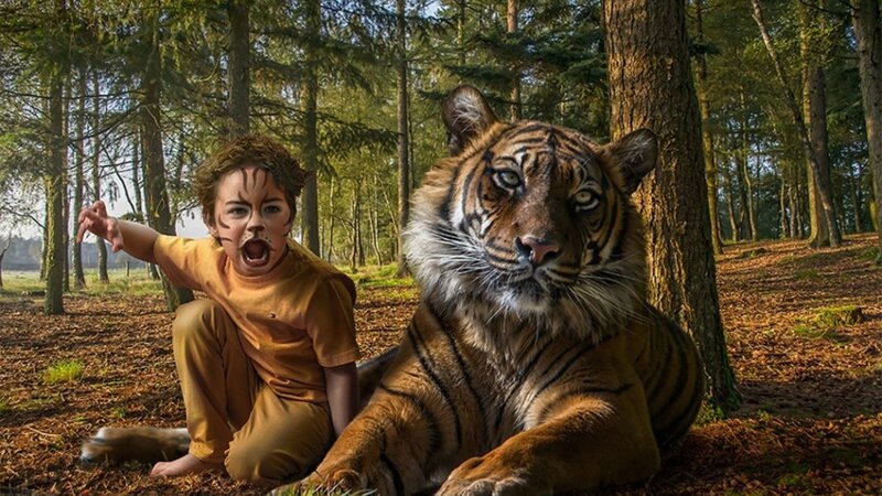 Child and Tiger in Forest — Brown, Natural