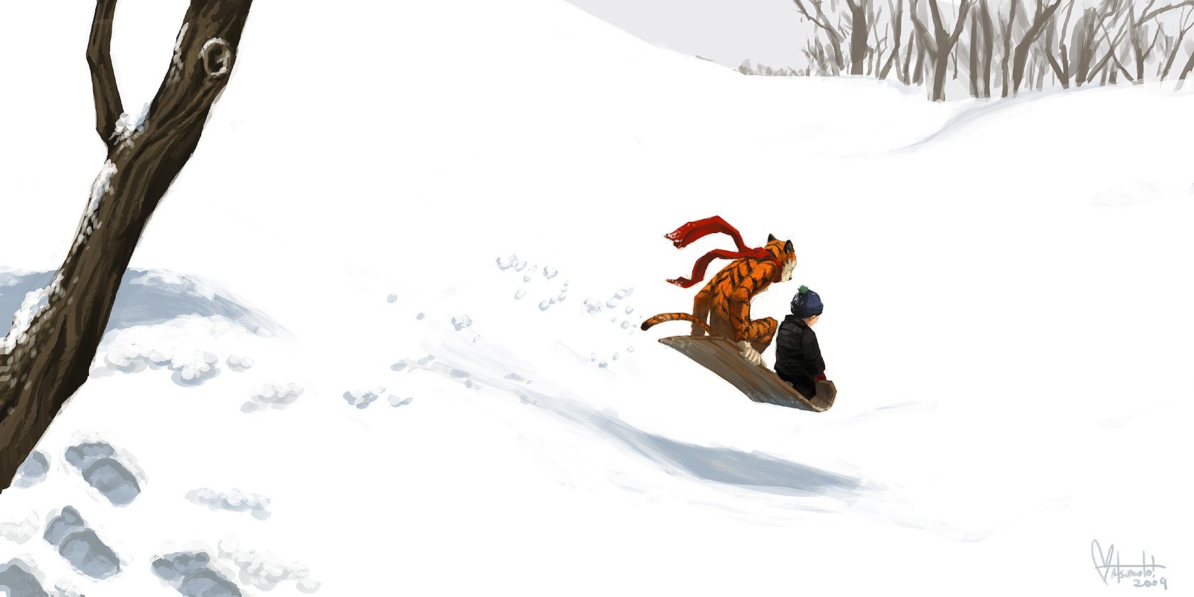 child and tiger sledding