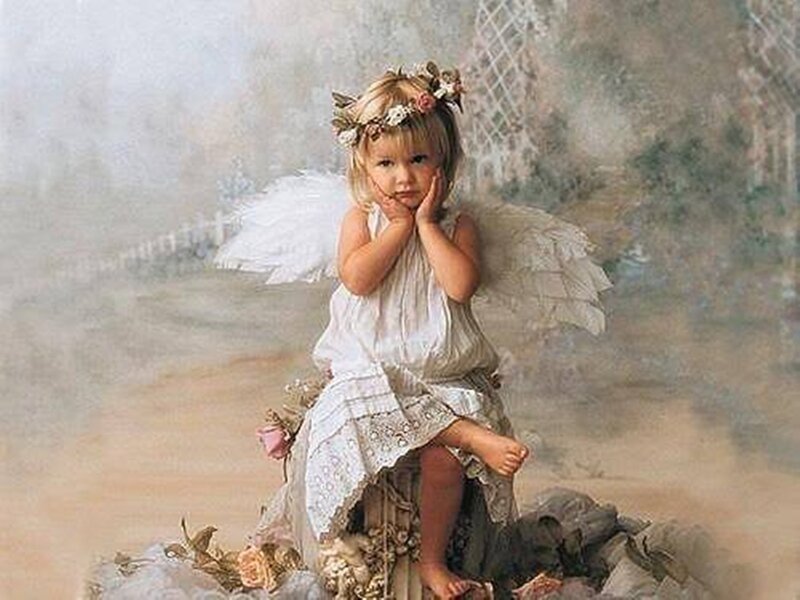 Child Angel with Wings — White, Serene, Painting, Flower Crown
