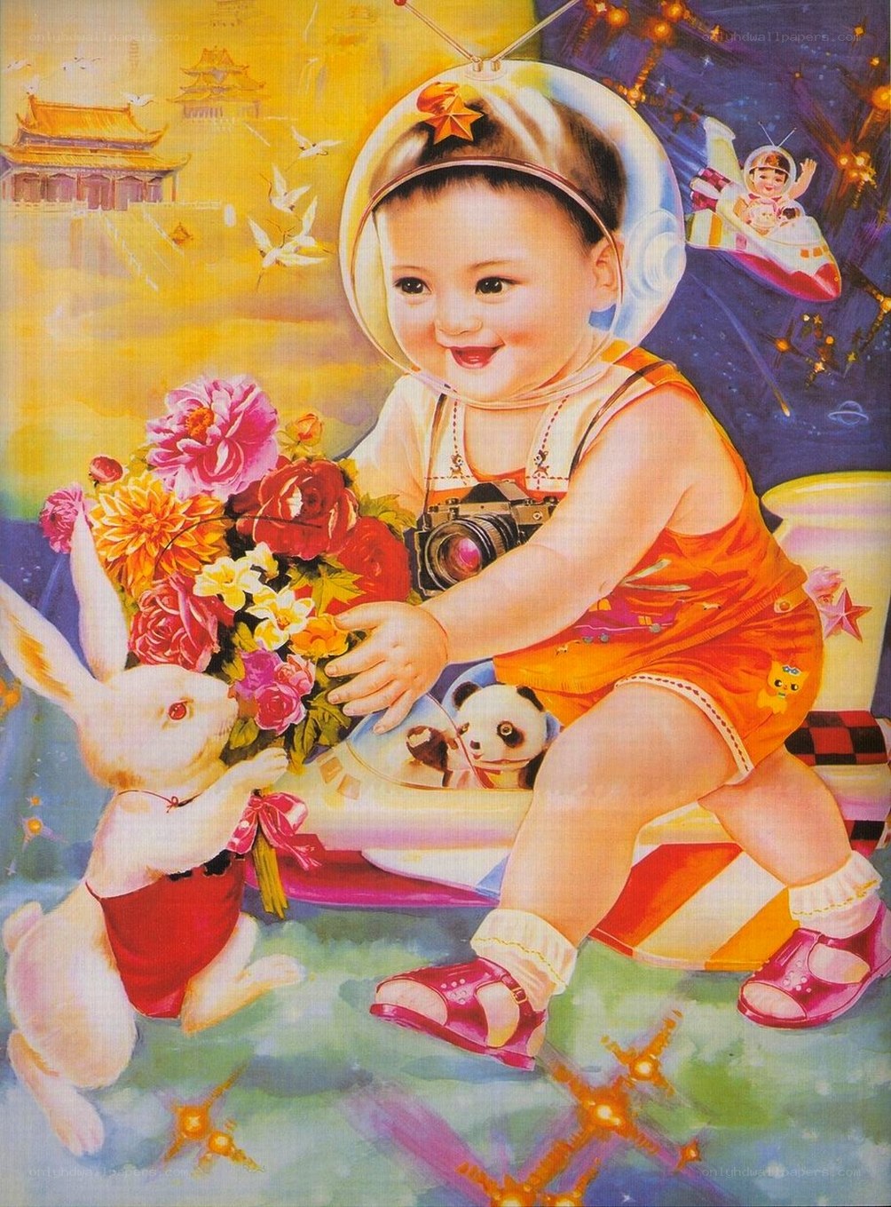 child astronaut with flowers