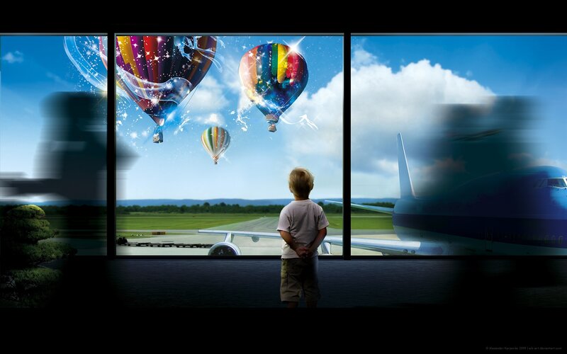 Child at Airport Window — Blue