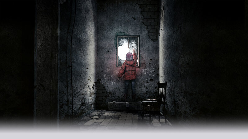 child at broken window