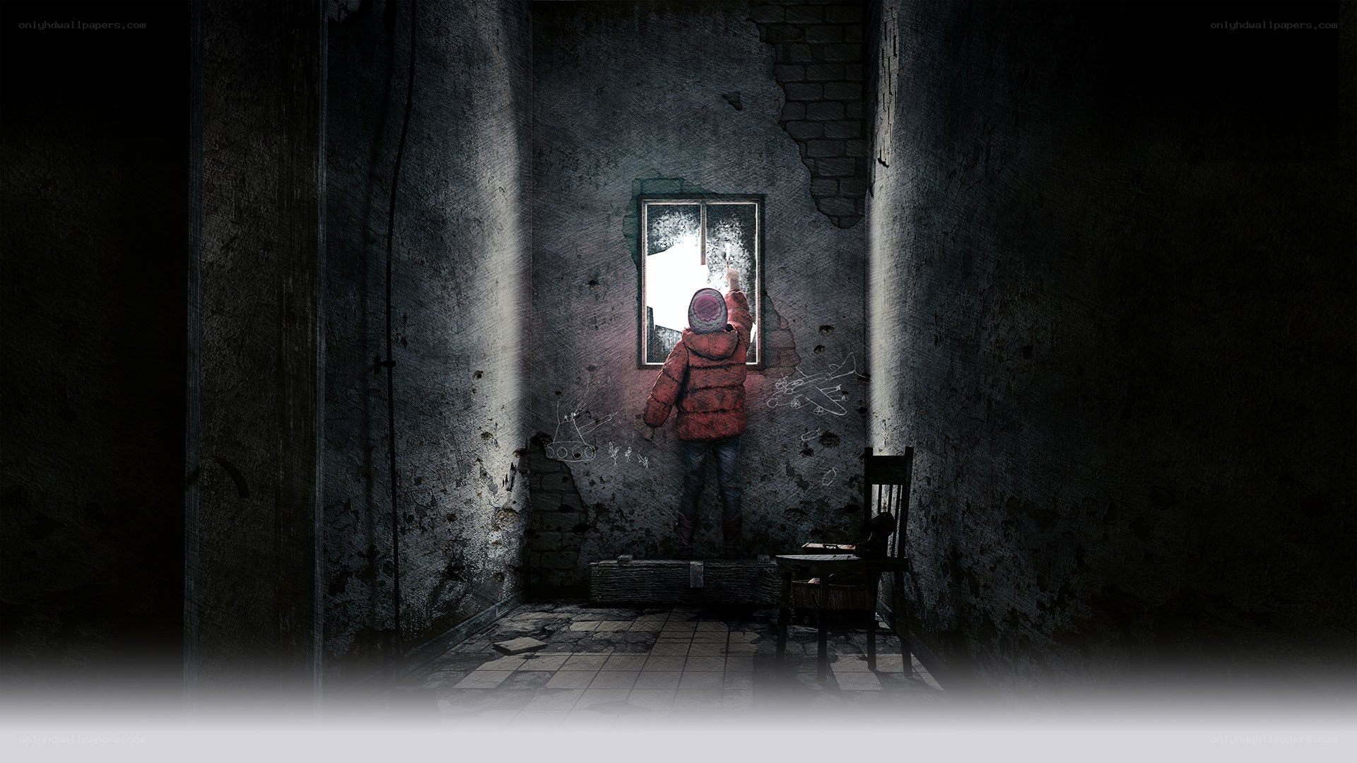 child at broken window