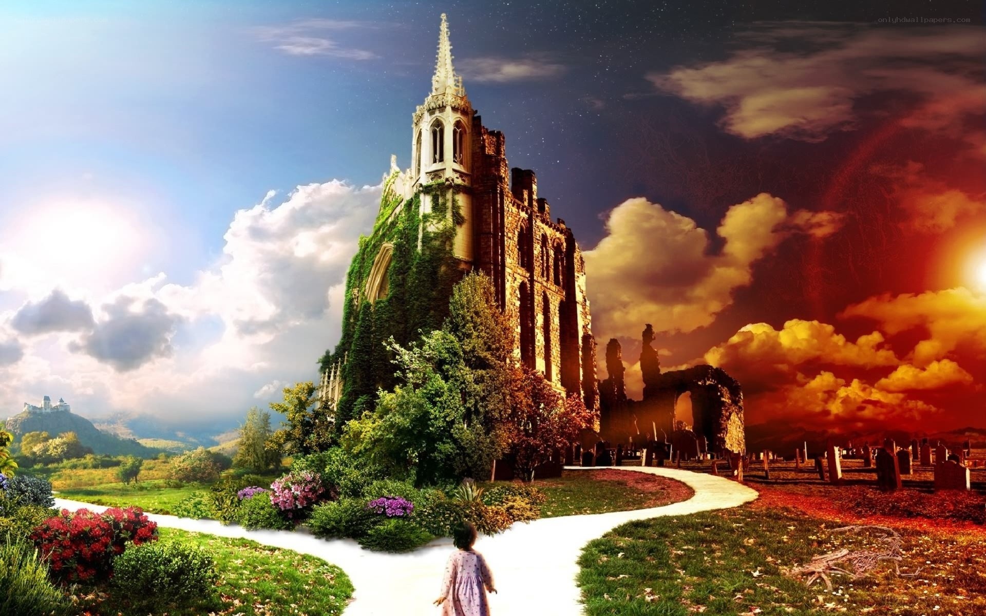 Child at crossroads with castle