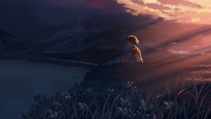 child at sunset by the water