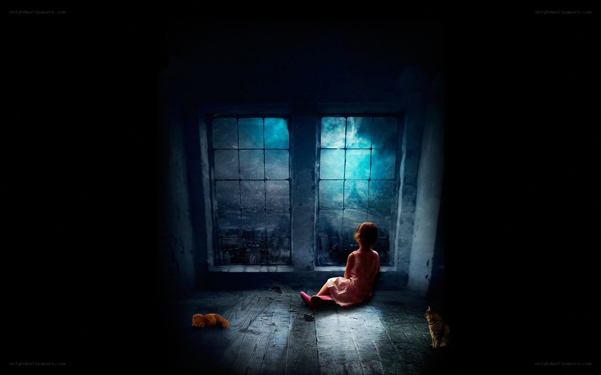 child at window in dark room