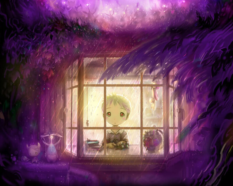Child at Window in Rain — Purple, Dreamy