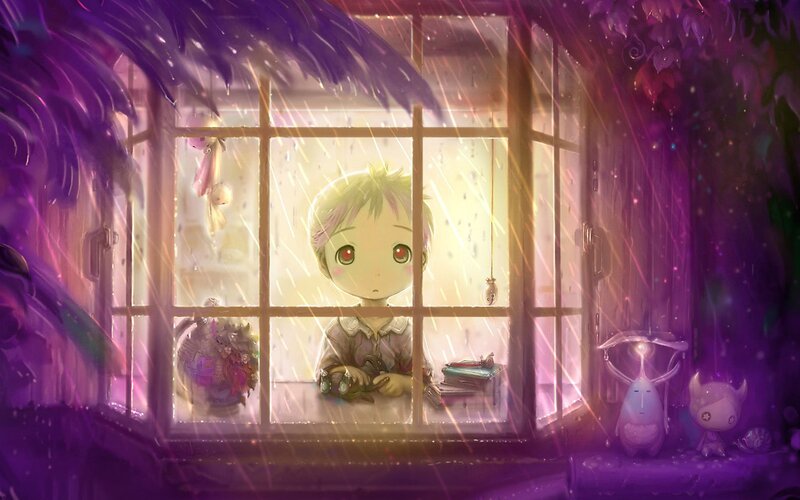Child at Window in Rain — Purple, Melancholic