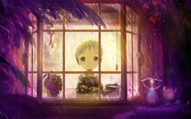 Child at Window in Rain — Purple