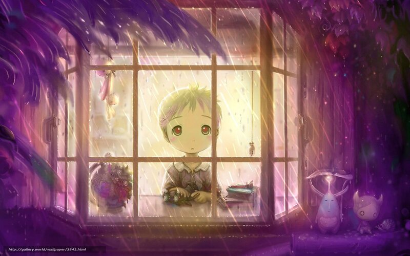 child at window in rain