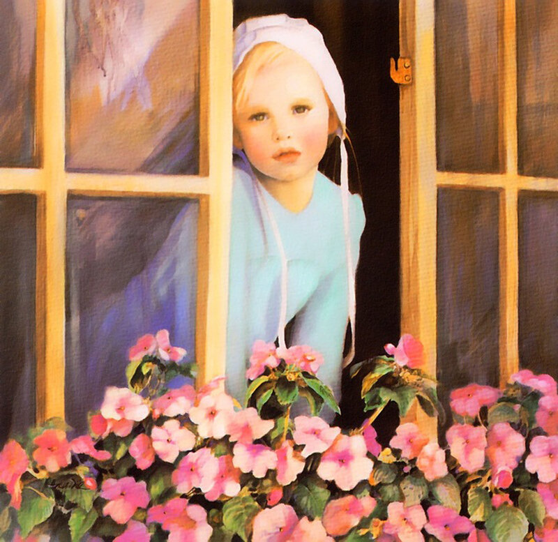 child at window with flowers